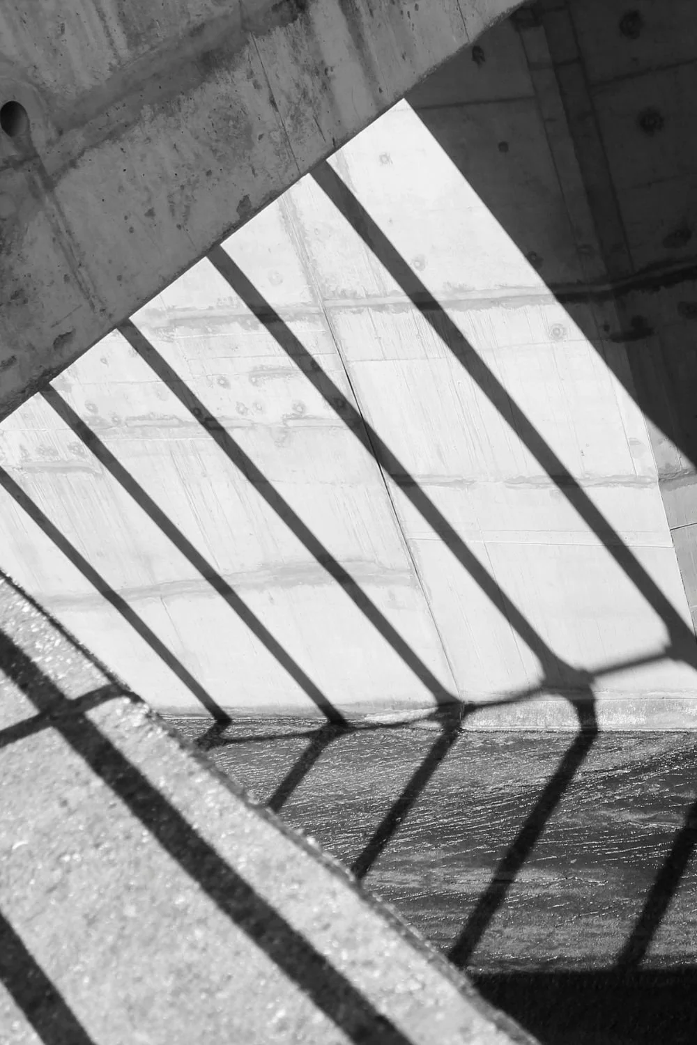 Shadowed railing cast diagonal shadows on a concrete wall and floor in black and white.