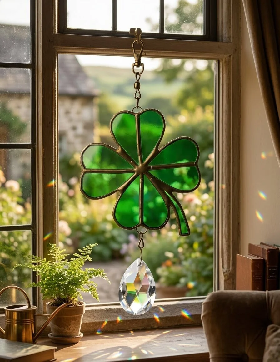 Handcrafted Stained Glass Four-Leaf Clover Suncatcher with Crystal Prism