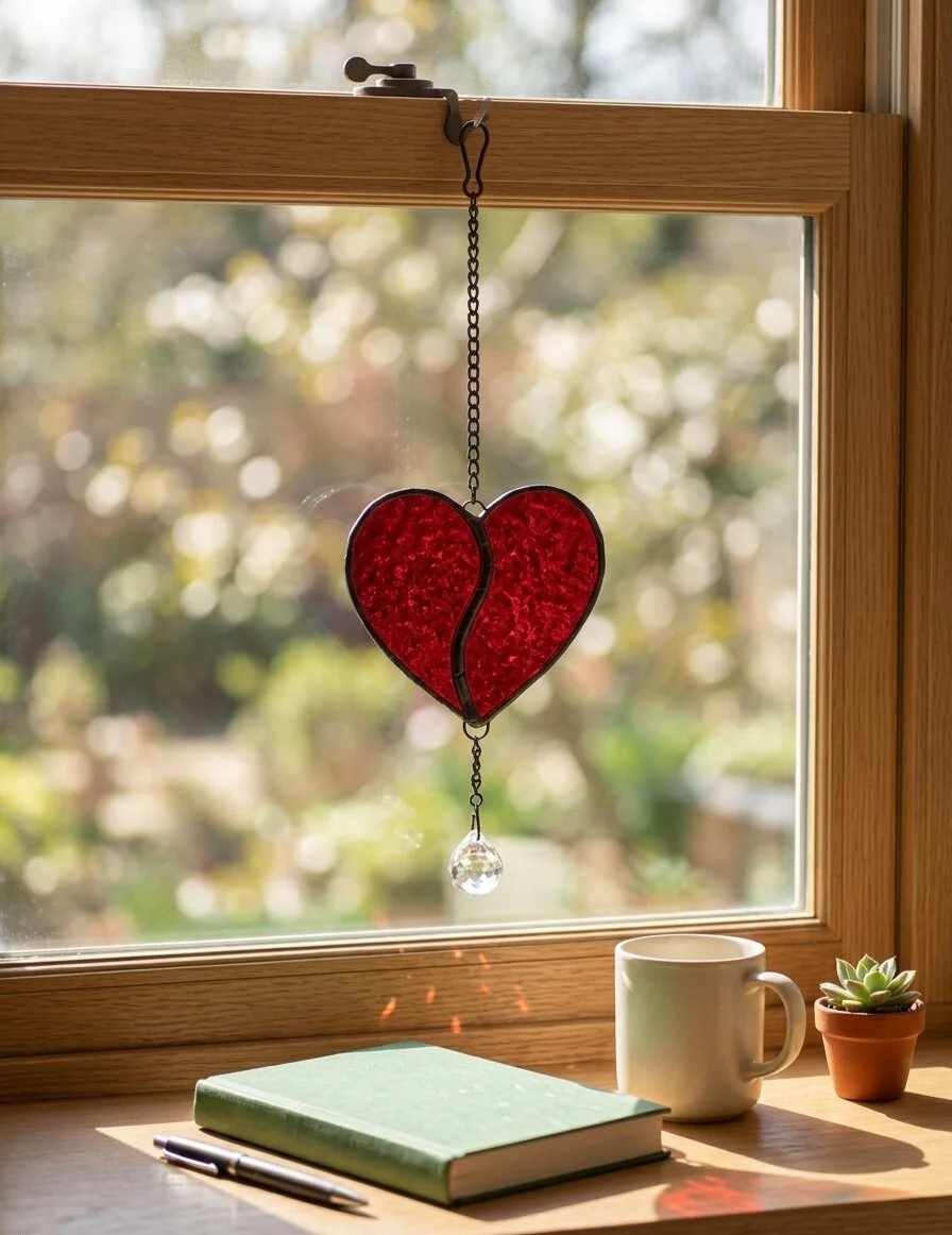 Handcrafted Stained Glass Crimson Heart Suncatcher