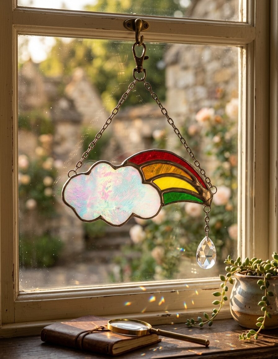 Handcrafted Iridescent Cloud & Rainbow Stained Glass Suncatcher