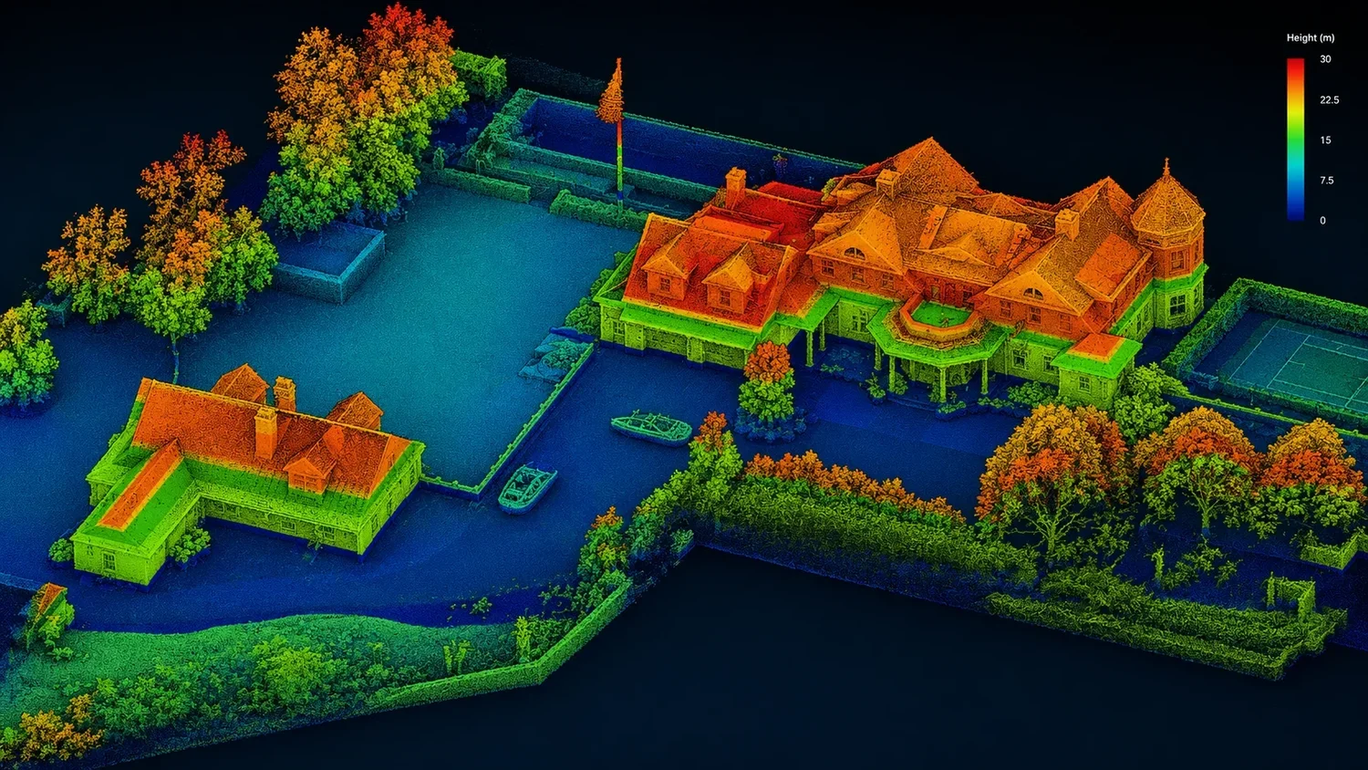 Elevation-colored LiDAR data showing Harbor Watch site geometry, structures, and surrounding site context.