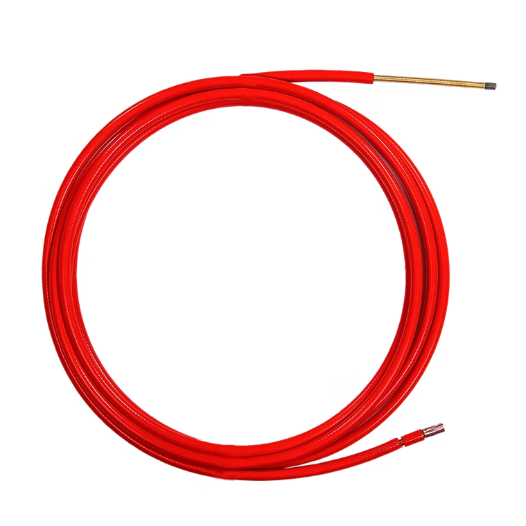 Red thermocouple with two metal tips and insulated wires.