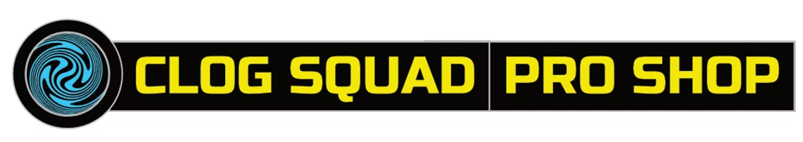 Logo with a circular emblem featuring a blue swirl and the text 'CLOG SQUAD PRO SHOP' in bold yellow letters on a black background.