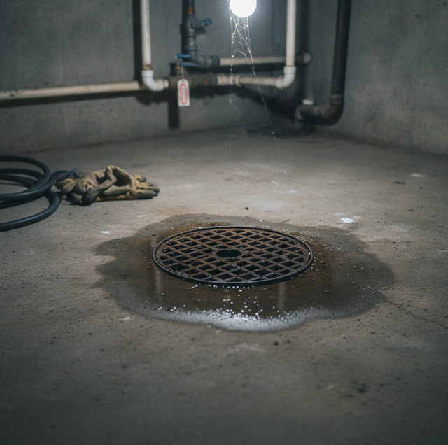 rusted basement floor drain surrounded by murky water