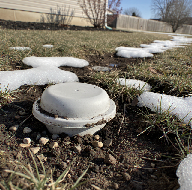 White round stepping stones embedded in soil with grass and pebbles on a lawn near a fence.