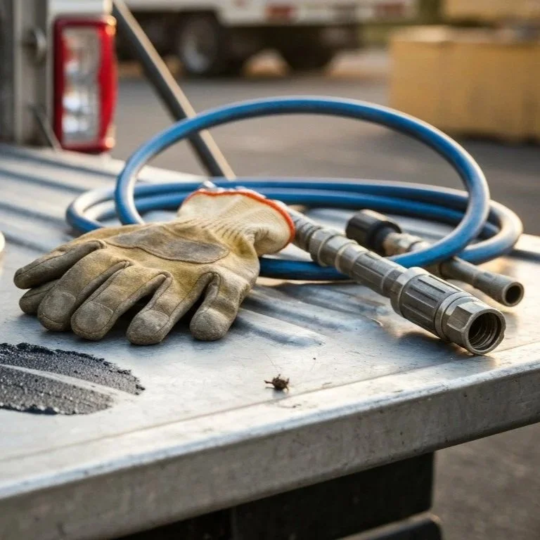 Plumber's tailgate showing coiled cable snake, hydro jetter hose with nozzle, work glove, and extracted drain debris side by side.