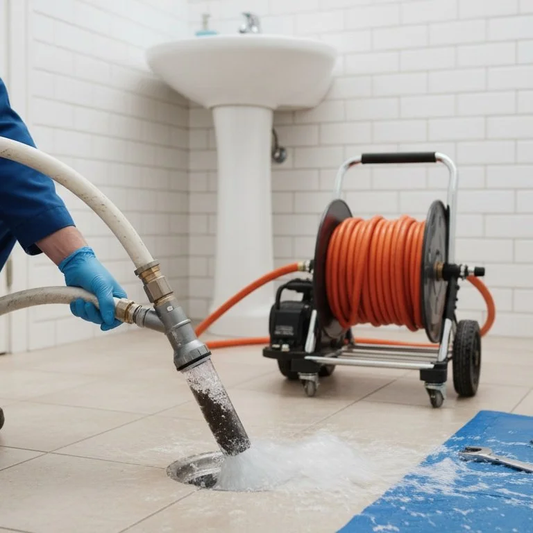Professional drain cleaning technician hydro jetting residential bathroom drain line to remove grease soap buildup and restore full pipe flow capacity