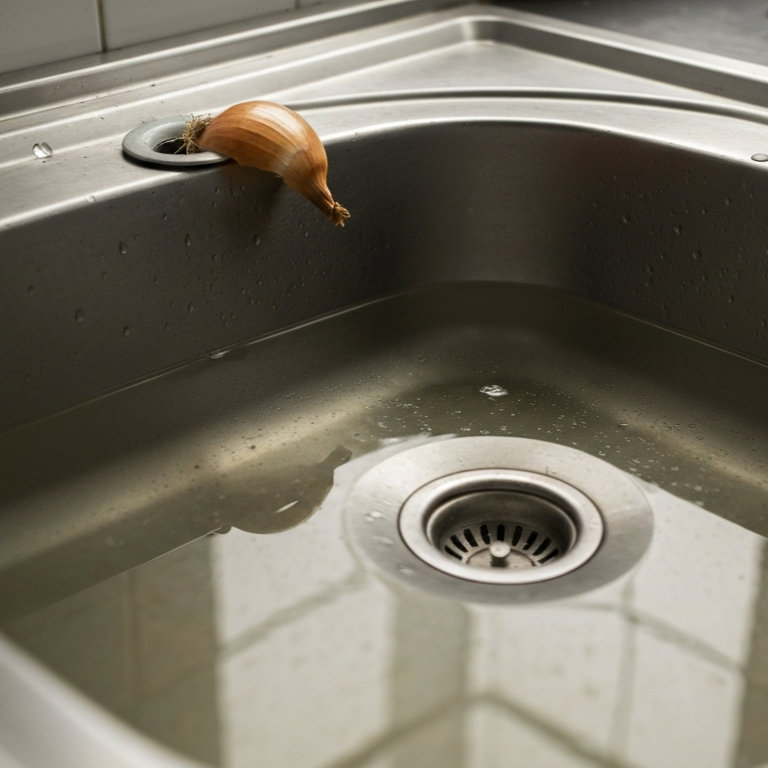 Standing water fills a kitchen sink while an onion peel rests near the drain, illustrating how a clogged drain line beyond the garbage disposal prevents water from flowing away properly.