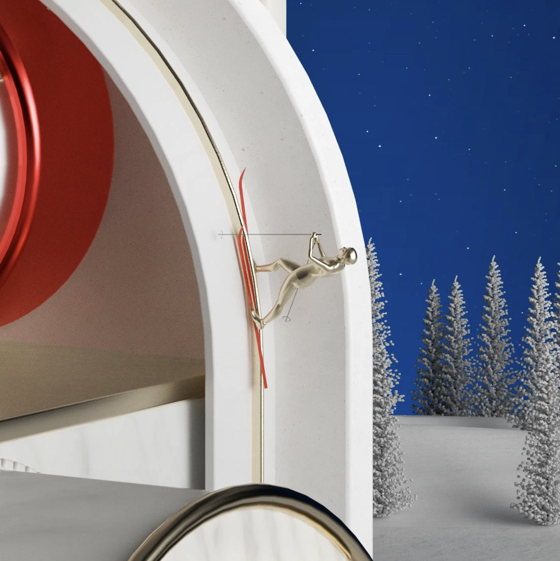 Une sculpture de style futuriste représentant un homme jouant de la trompette, située à l'entrée d'un cube blanc avec un tunnel orange à l'intérieur, sous un ciel étoilé avec des arbres neigeux.