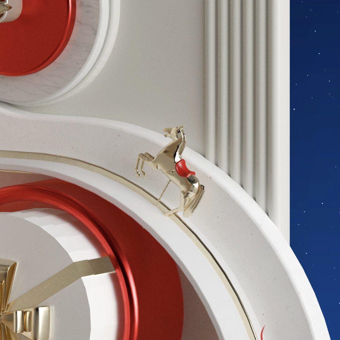 Une horloge décorative avec une figure de cheval en or et un ventre rouge