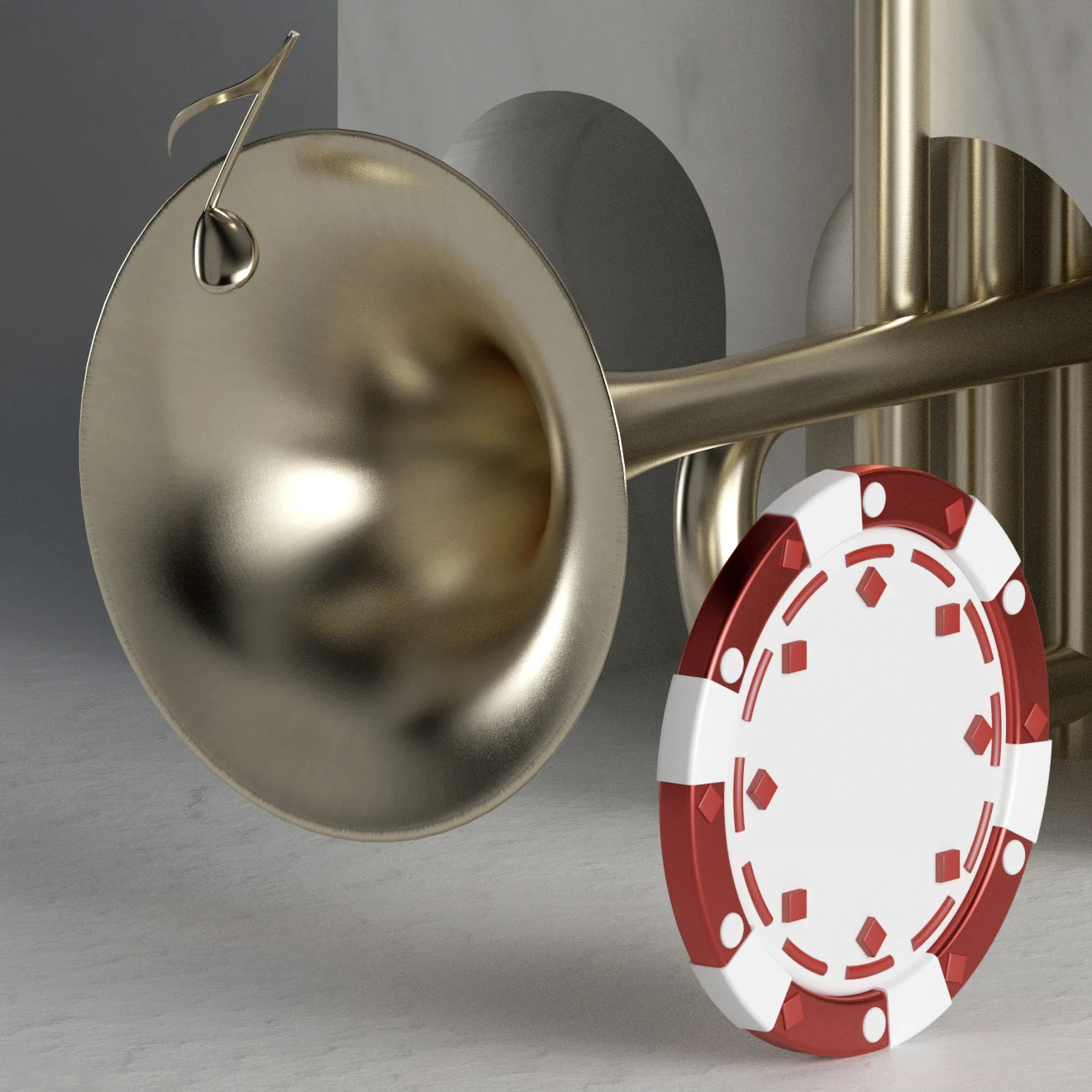 Une pièce de jeu de poker, une fiche de casino rouge et blanche, et une cuillère en métal doré.