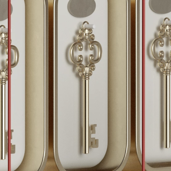 Trousse de clés vintage en or clair, enfilées dans des boîtes métalliques alignées.