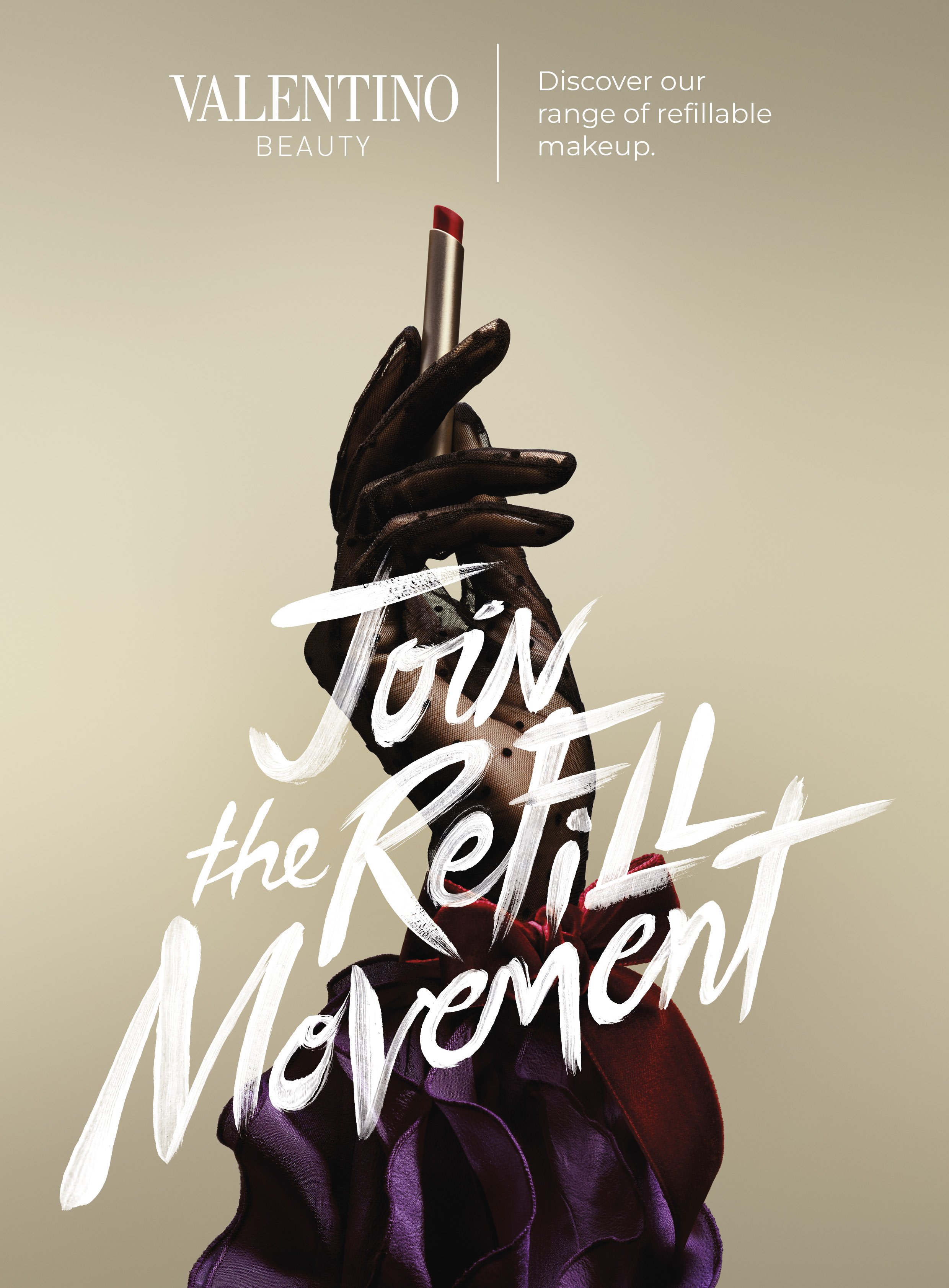Affiche de beauté Valentino avec une main gantée tenant un rouge à lèvres, superposé de texte blanc disant 'Join the Right Movement'.