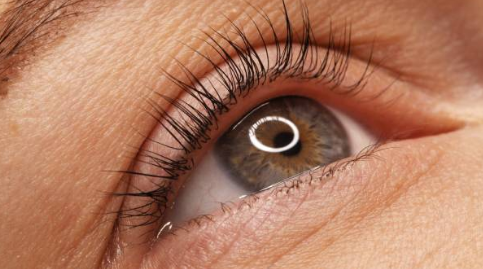 Close-up of a human eye with a reflection of a ring light.