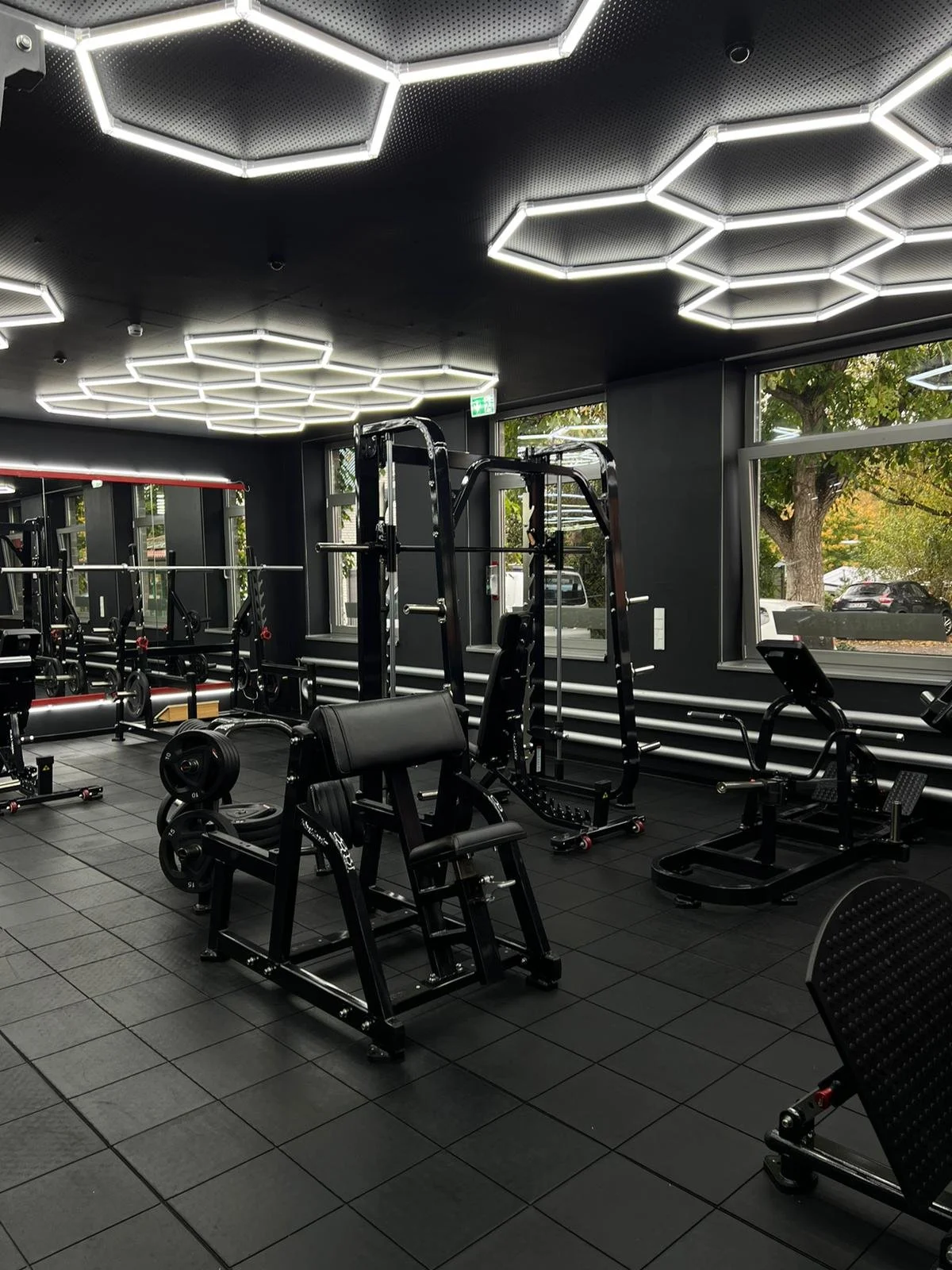 Innenaufnahme eines modern eingerichteten Fitnessraumes mit verschiedenen Trainingsgeräten von Realleader wie Kraftmaschinen, Freihanteln und Cardio-Geräten. Schwarzer Boden und auffällige Deckenbeleuchtung.