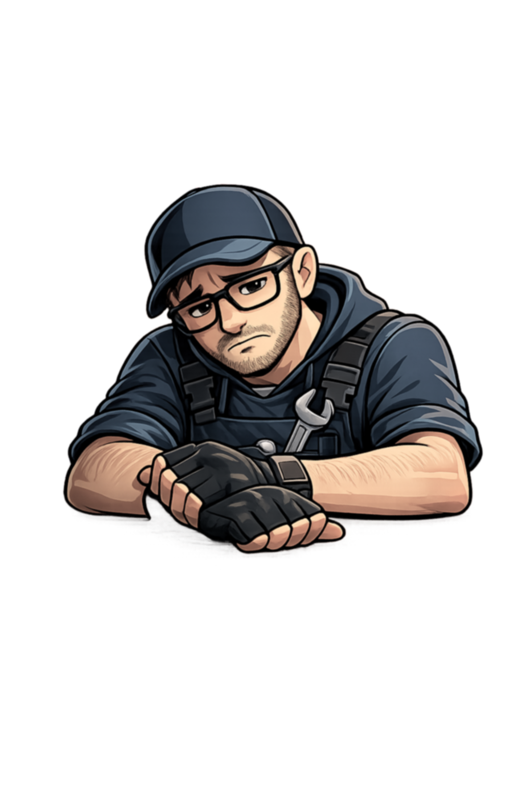 Ein digitaler Avatar eines jungen Mannes, der eine dunkle Kapuzenjacke trägt, Brille, schwarze Handschuhe, und einen schwarzen Baseball-Cap. Er sieht nachdenklich aus, mit einem Schraubenschlüssel und einer Handwurzelklemme um den Hals.