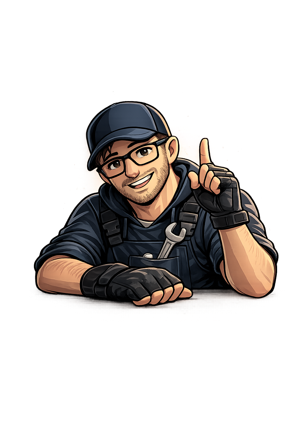 Cartoon Mann in schwarzer Kleidung, mit Baseball Cap, Brille und Handshuhen, lächelnd und Zeigefinger erhoben, auf einem dunklen Hintergrund mit Farbeffekten.