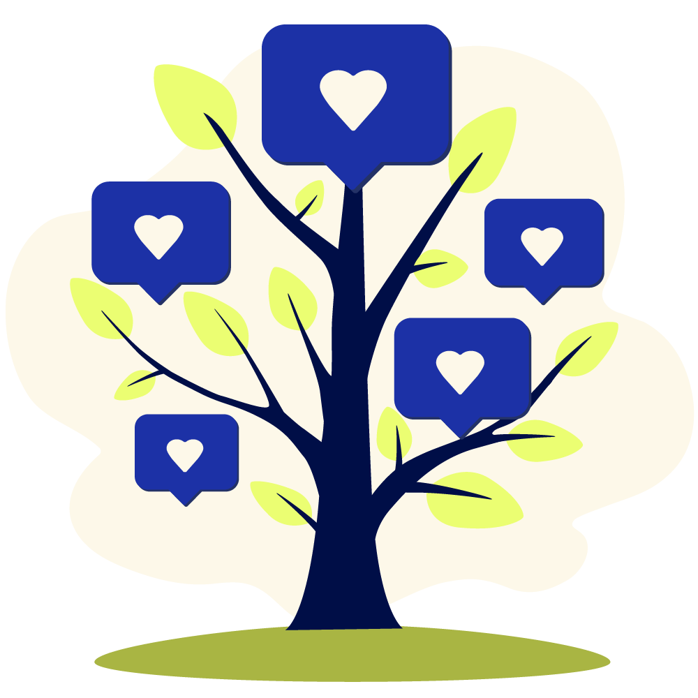 A stylized tree with blue notification icons as leaves.