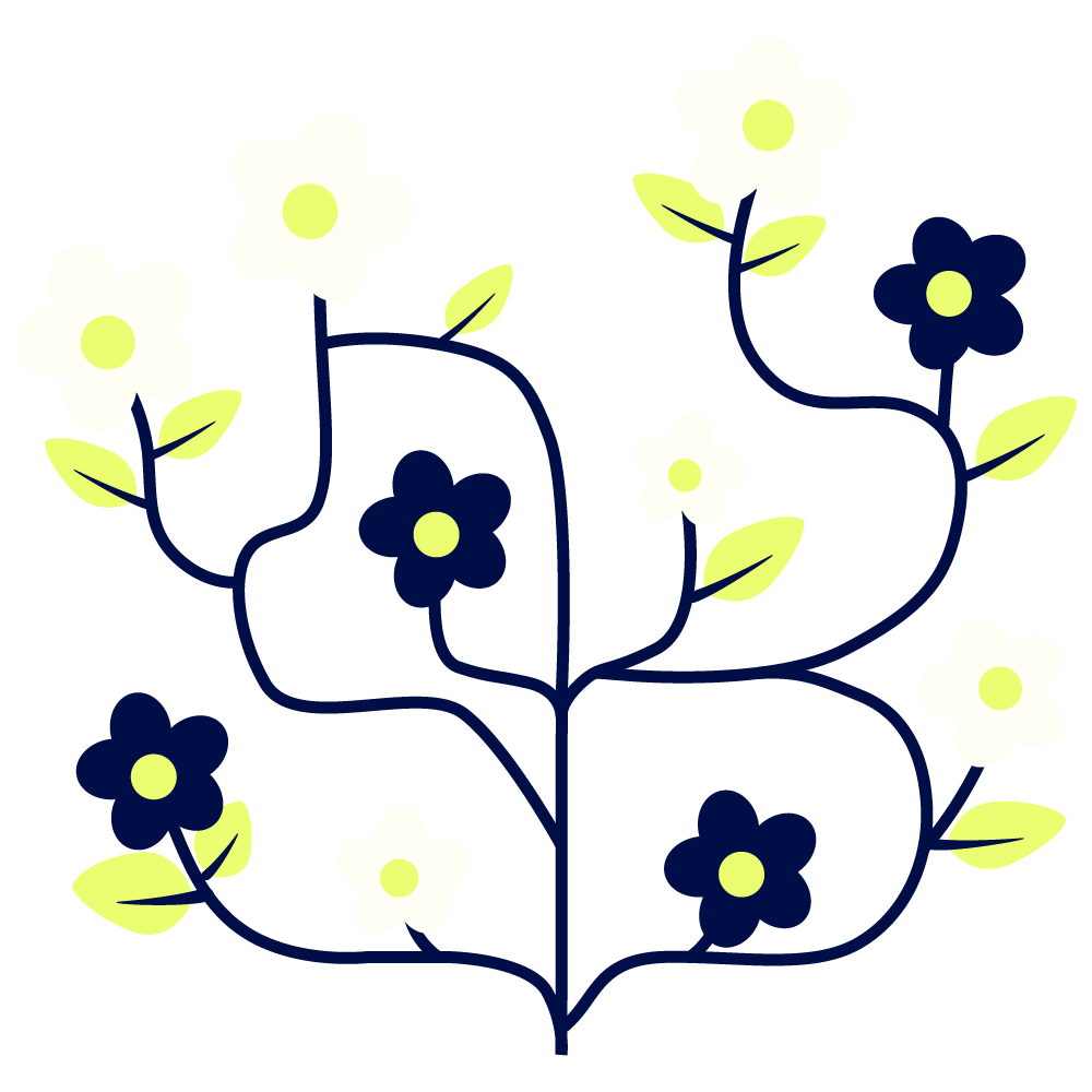 Stylized illustration of a flowering plant with white and dark blue flowers and green leaves on dark background.