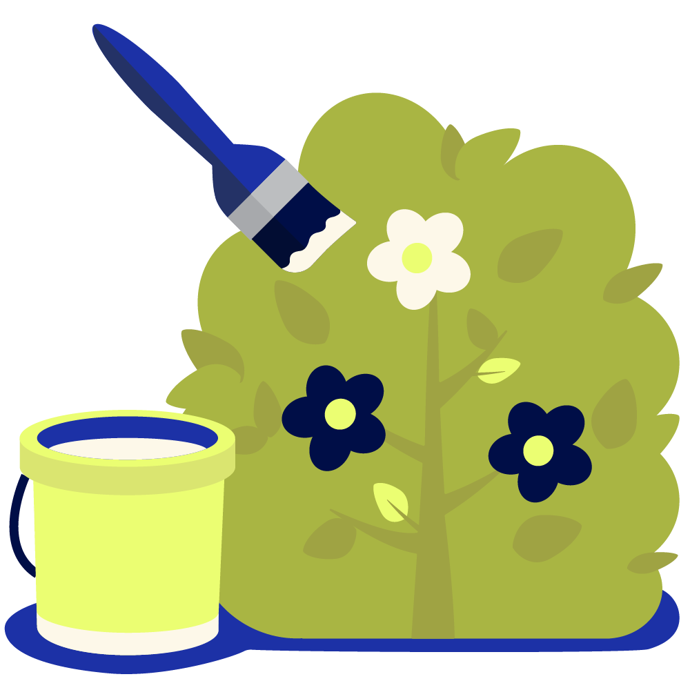 A flower on a bush being painted with a brush, accompanied by a pot of paint on the ground.