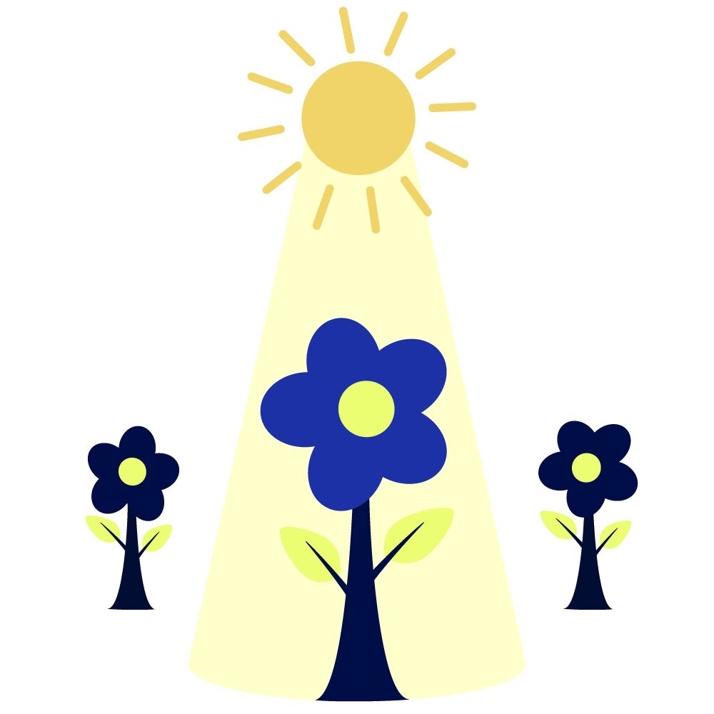 Illustration of the sun shining down on three blue flowers with green leaves, with a large white halo behind them.