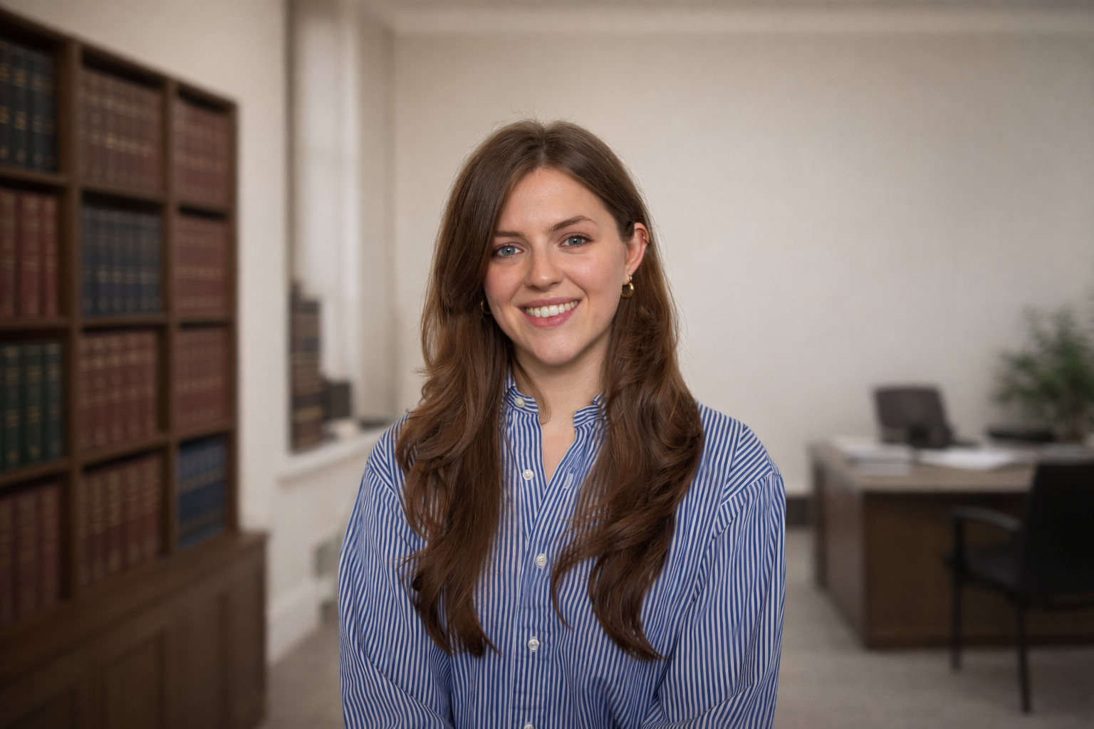 A smiling woman with long brown hair, wearing a blue and white striped shirt, sitting in an office with bookshelves and desks in the background.
