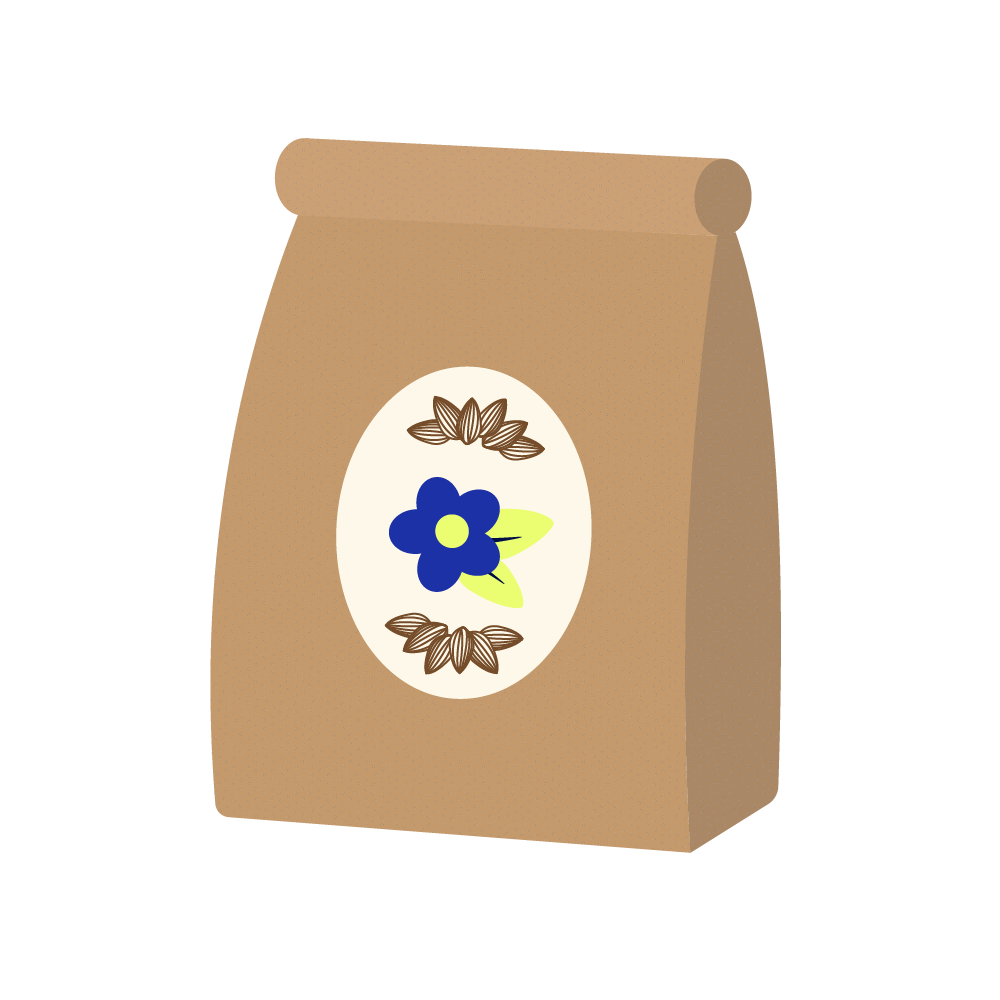 Illustration of a brown paper bag with a floral label displaying purple flower and brown leaf designs.