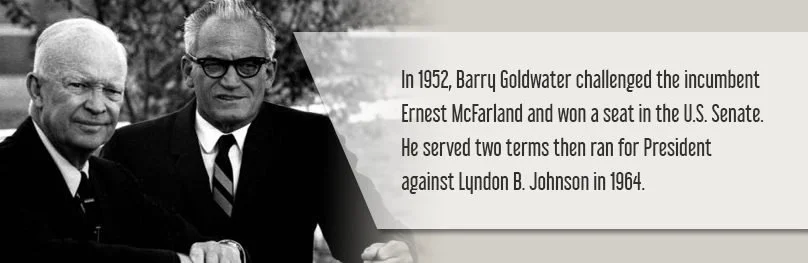 Two men shaking hands outdoors, with a caption about Barry Goldwater challenging Ernest McFarland in 1952 and running for President in 1964.