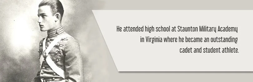 Black and white photo of a young Barry Goldwater in a military uniform, with text about his attendance at Staunton Military Academy in Virginia, where he became an outstanding cadet and student athlete.