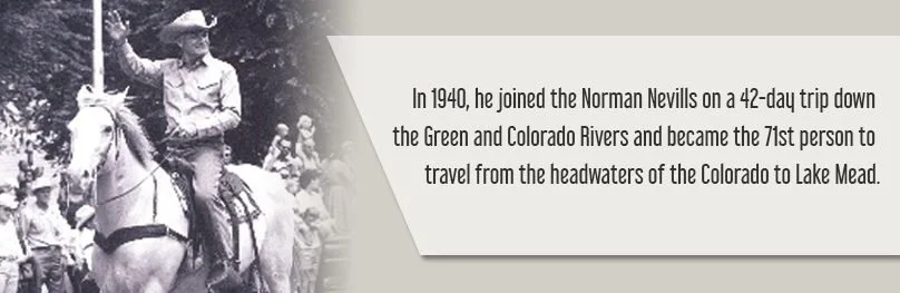 Black and white photo of a Barry Goldwater in cowboy attire riding a horse, with a crowd of people in the backgroun with a caption about Barry Goldwater joining Normal Nevills on a 42 day trip down the Green and Colorado Rivers.