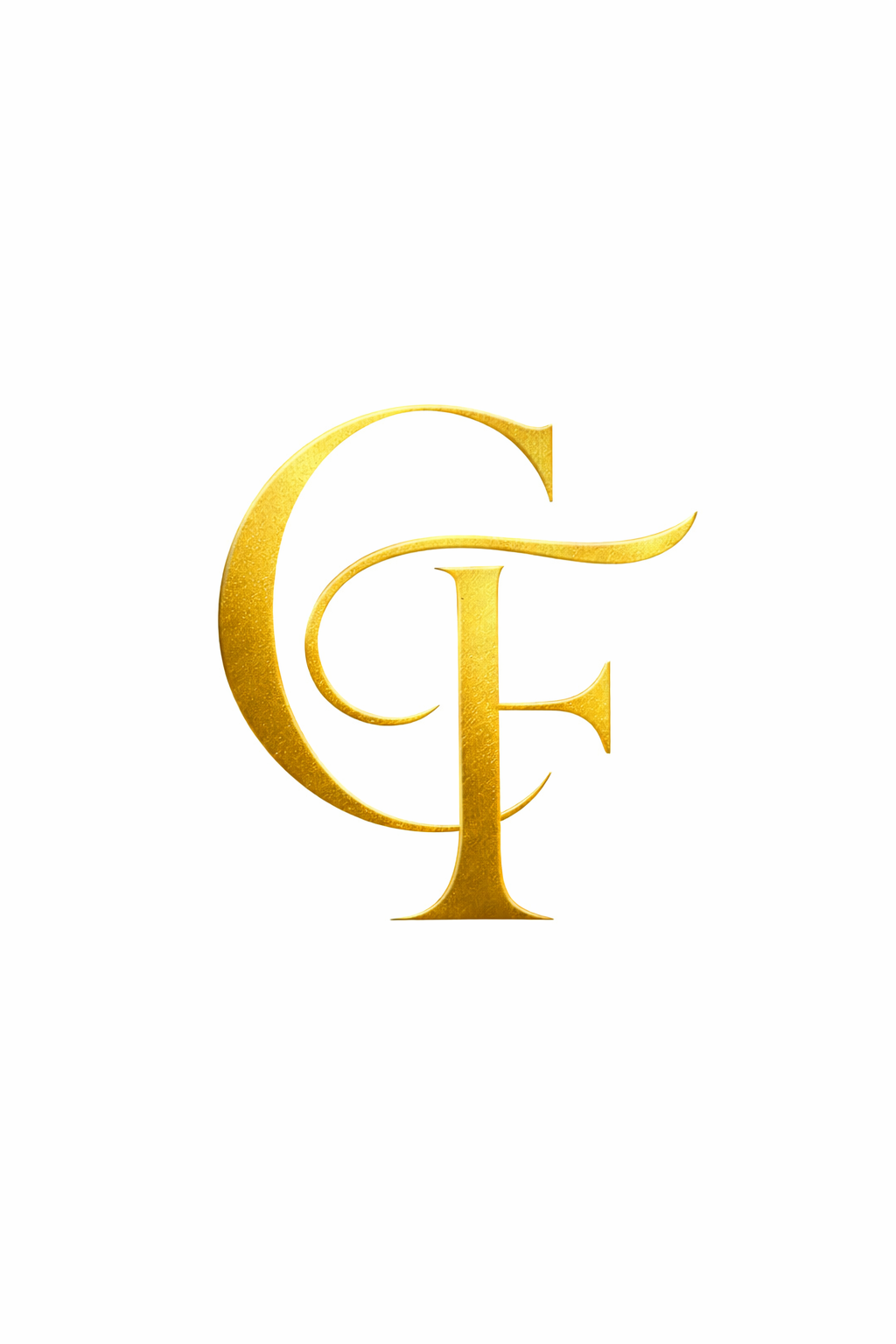 Gold metallic monogram of the letters C and F intertwined on a white background.