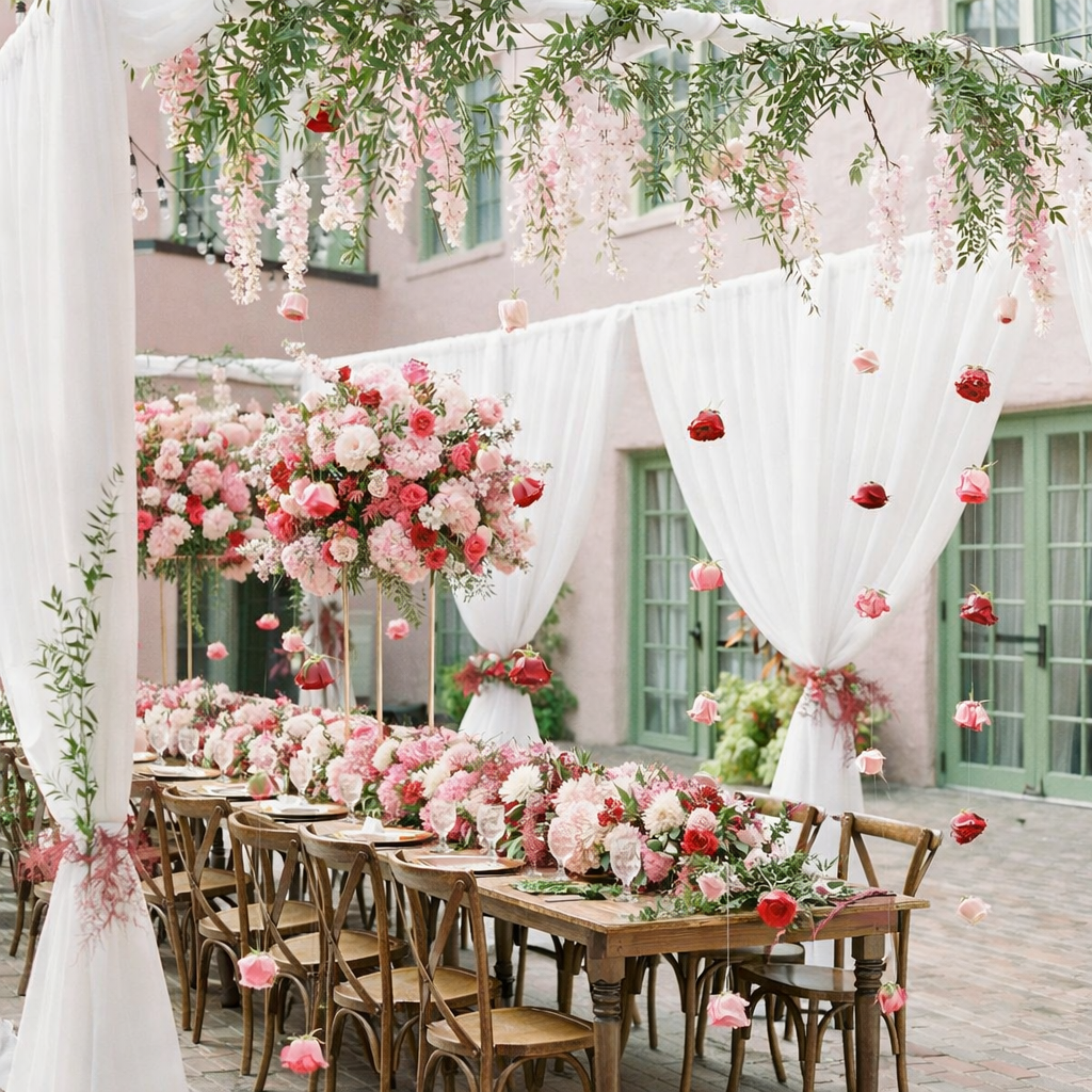 Elegant outdoor intimate event setting with a long wooden table decorated with pink & white flowers, surrounded by wooden chairs. White curtains and hanging pink and red flowers add a romantic atmosphere. This could easily be for a wedding reception