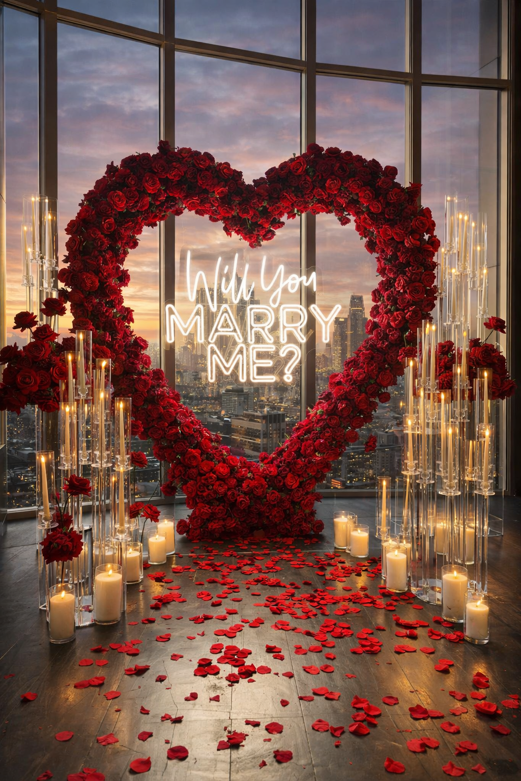 A romantic scene in a high-rise apartment with a large window showing a city skyline at sunset. A heart-shaped arrangement of red roses is in front of the window, with the words 'Will You Marry Me?' in neon lights inside the heart. Candles and rose petals are scattered on the floor, enhancing the romantic atmosphere.