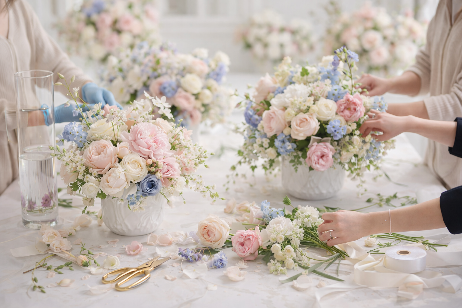 Multiple workers arranging pastel-colored flower bouquets in vases on a countertop includes scissors, ribbon and cuttings.