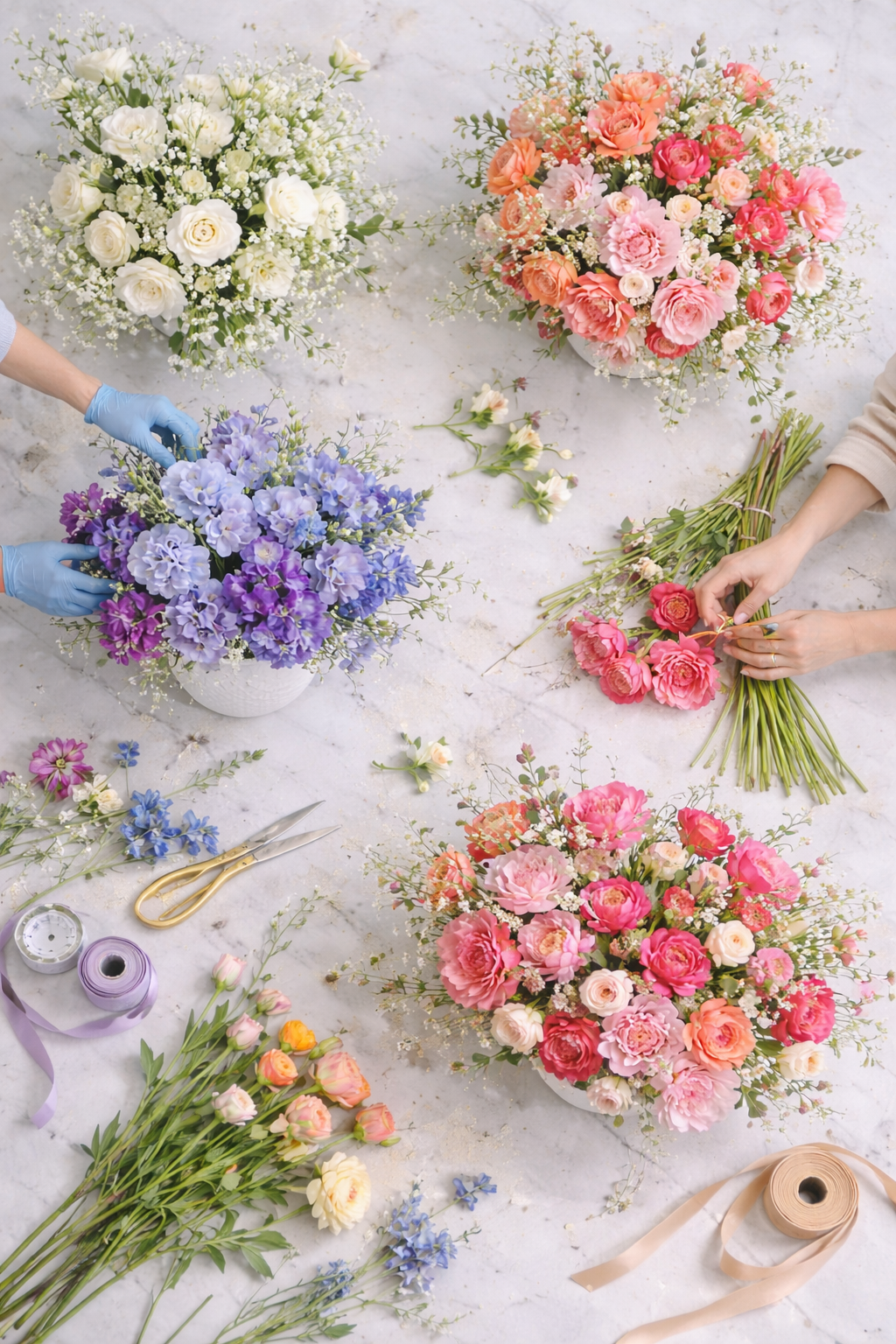 People arranging colorful flower bouquets with roses, peonies, and other flowers on a white table, with tools, ribbons, and flower stems nearby.