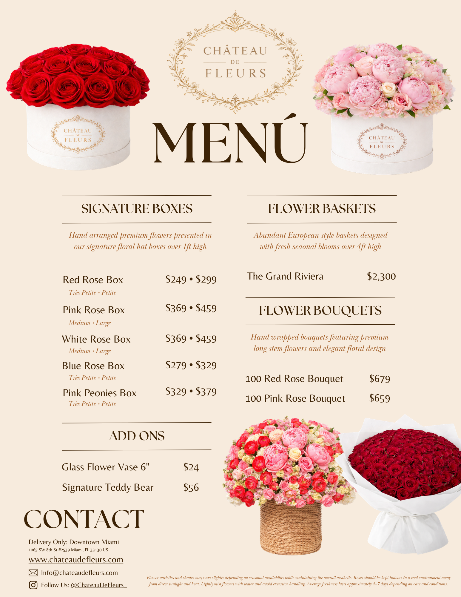 Flower shop menu featuring images of red and pink flower arrangements and a bouquet, listing various floral options and prices.