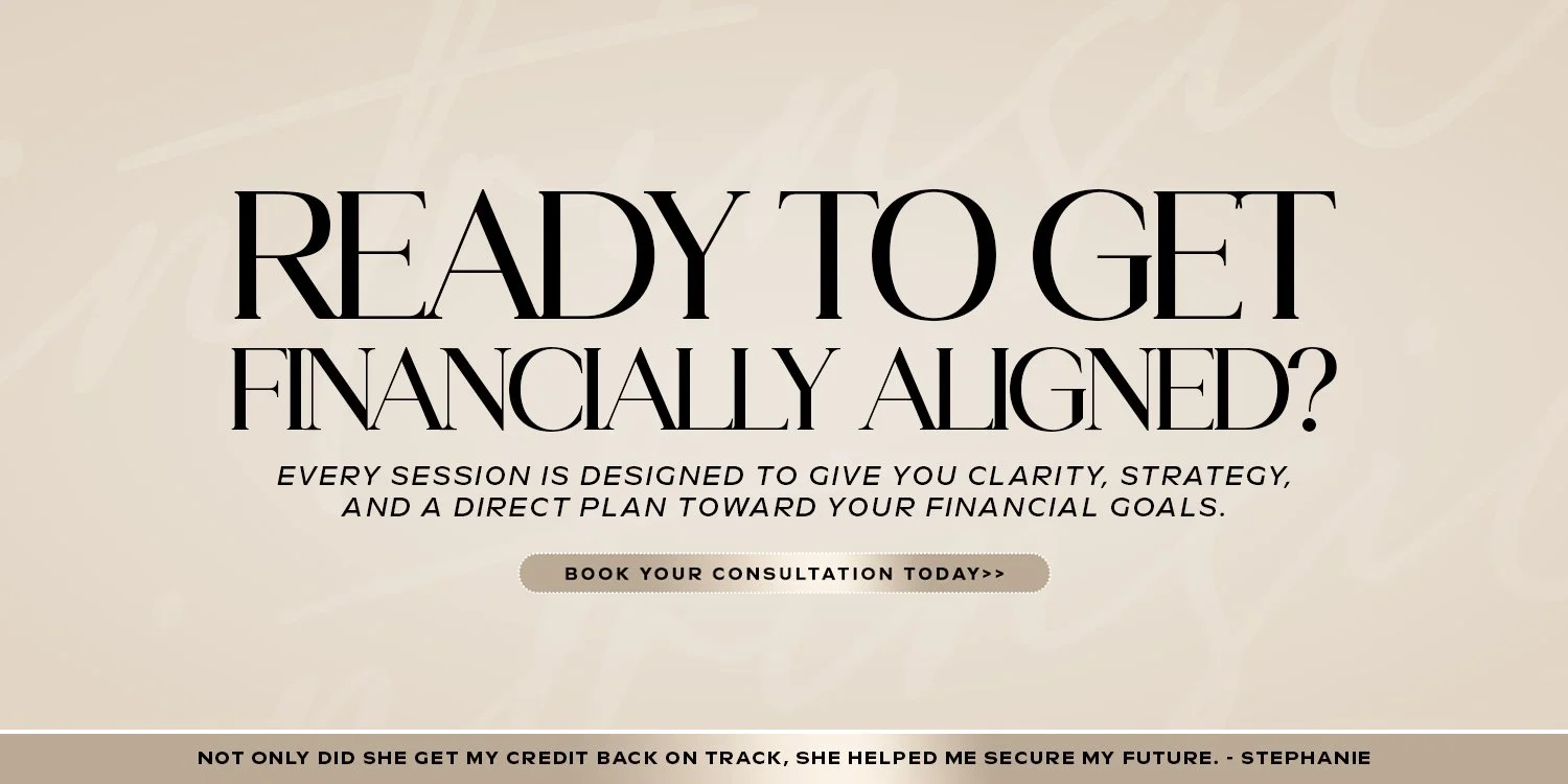 A promotional webpage with a beige background, bold black text saying "Ready to get financially aligned?" and a subtext about financial clarity and planning. There is a button that says "Book your consultation today>>" and a quote at the bottom about helping secure a future.
