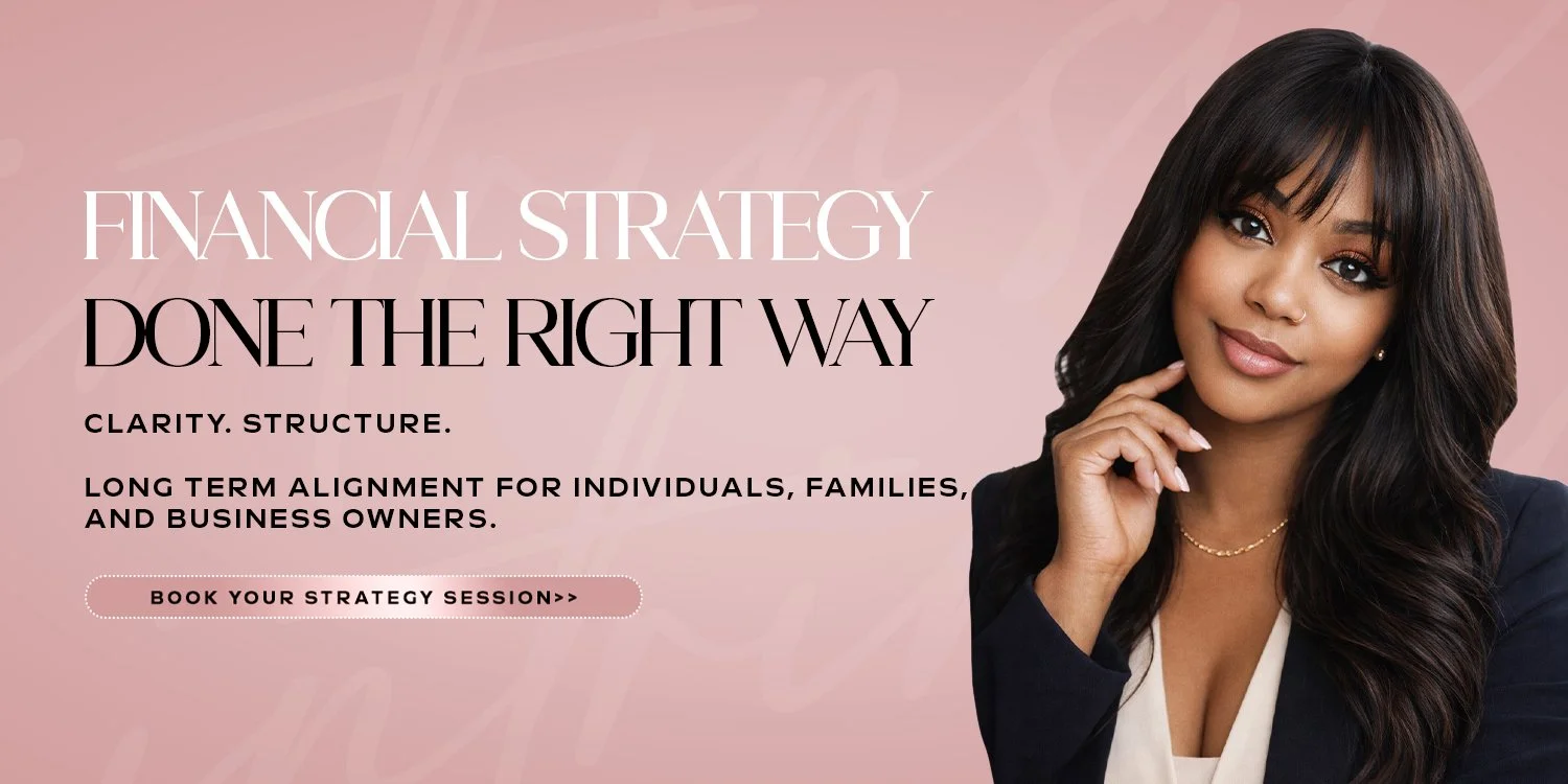 A promotional image with a woman on the right, smiling, with long dark hair, wearing a dark blazer and jewelry. The background is pink with brushstroke patterns. Text on the left reads 'Financial Strategy Done the Right Way' and 'Clarity. Structure. Long-term alignment for individuals, families, and business owners.' A button below says 'Book Your Strategy Session>>'.