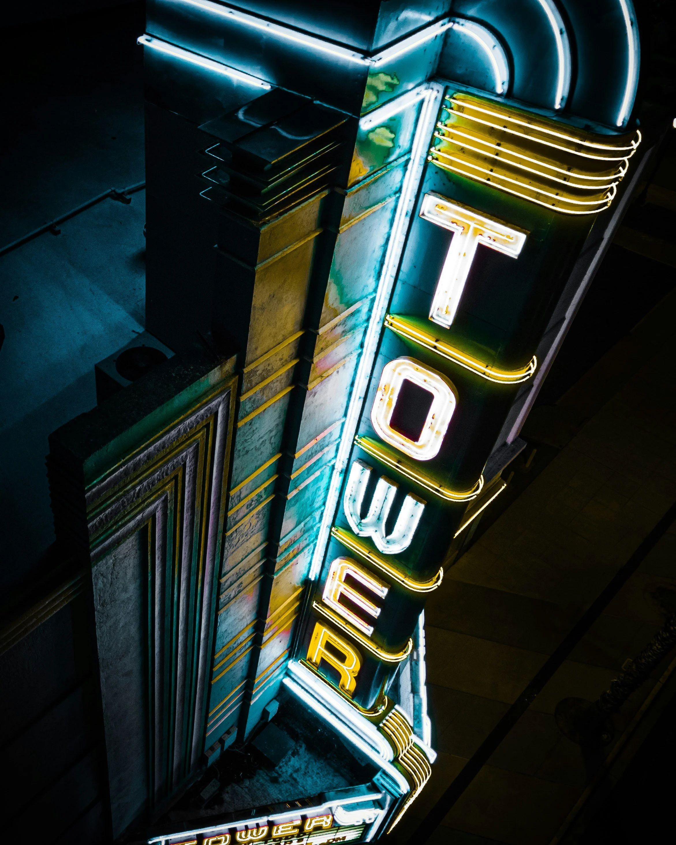Roseville Tower Theater, aglow in the night