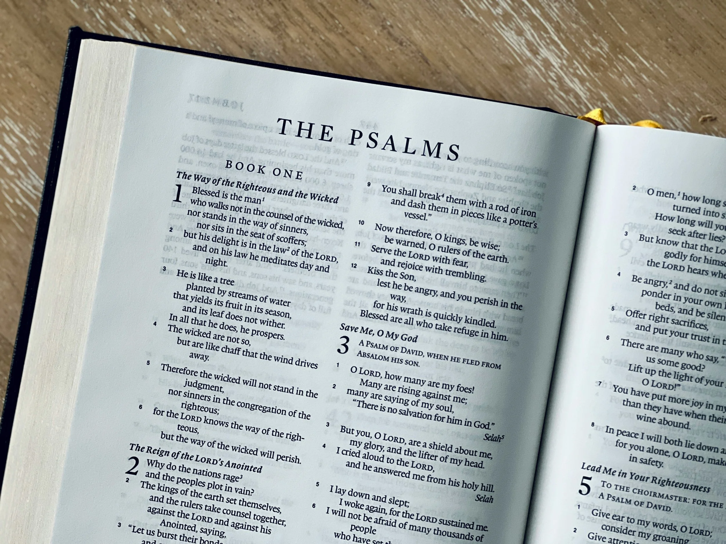 Open Bible page showing the title 'The Psalms', and sections for Book One, The Way of the Righteous and the Wicked, and The Reign of the Lord's Anointed, with text in English.
