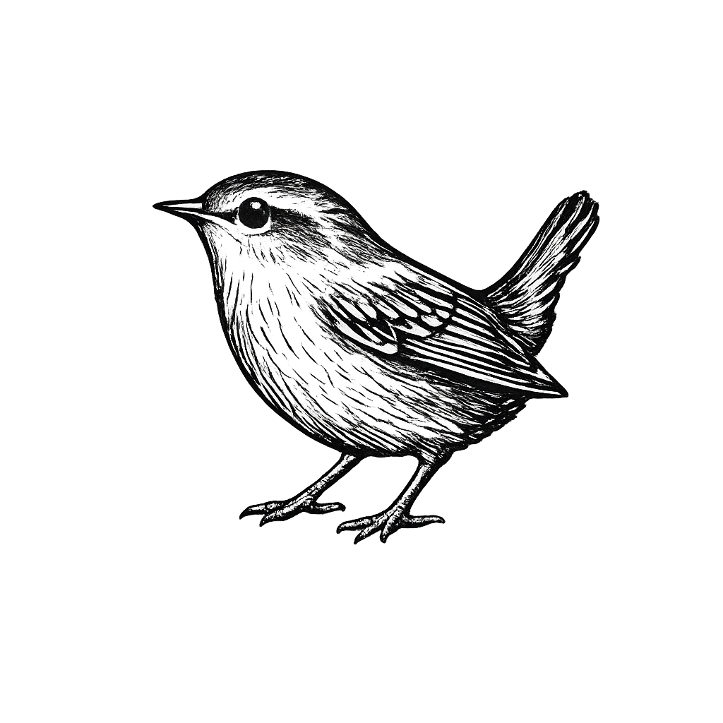 A black and white illustration of a small bird on a black background.