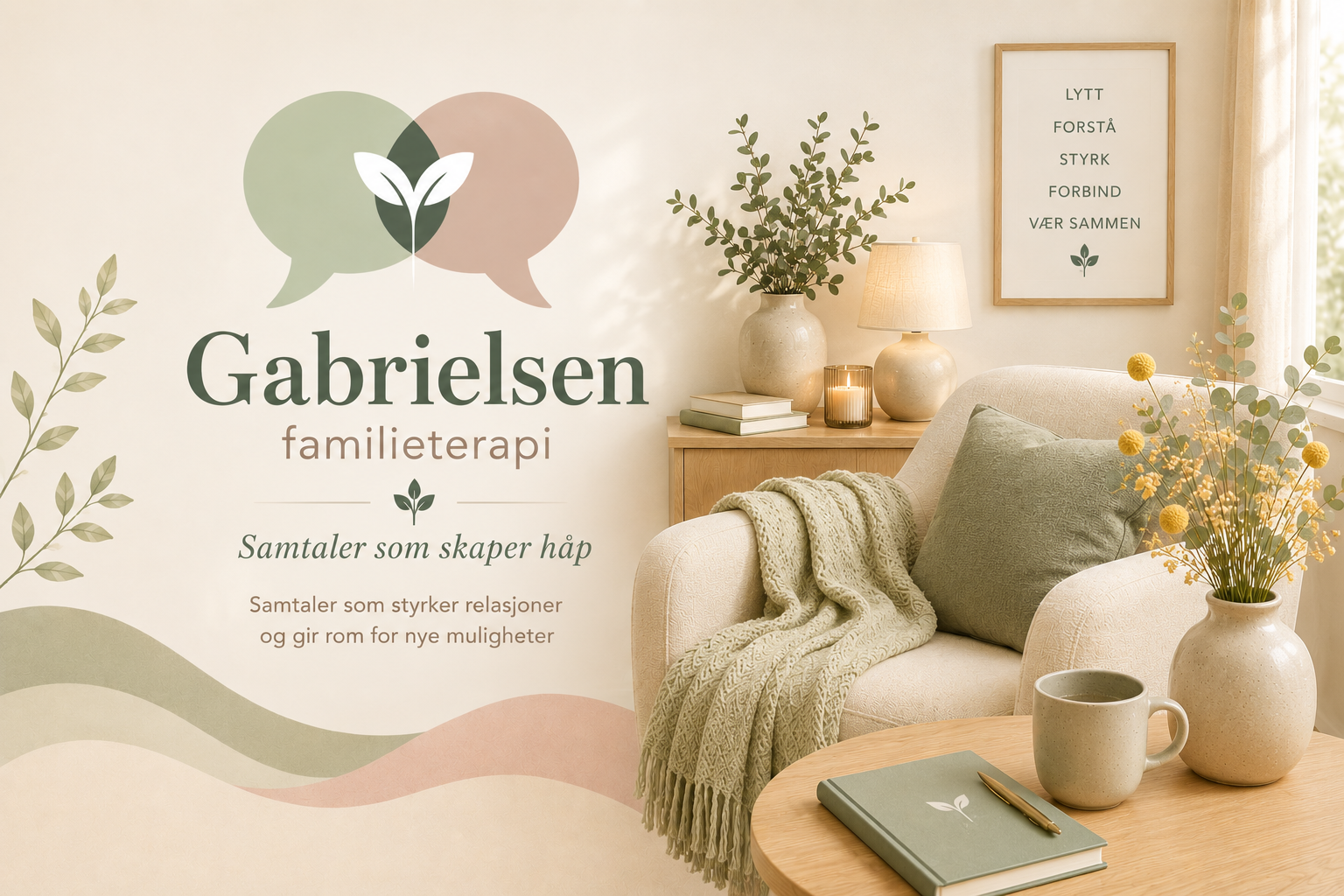 Innbydende sofakrok med grønne og beige fargetoner, blomster i vaser, bok, kopper, lampe, og et inspirerende bilde med ordene 'LYTT', 'FORSTÅ', 'STYRKE', 'FORBIND', 'VÆR SAMMEN', samt teksten 'Gabrielsen familieterapi' og 'Samtaler som skaper håp'.