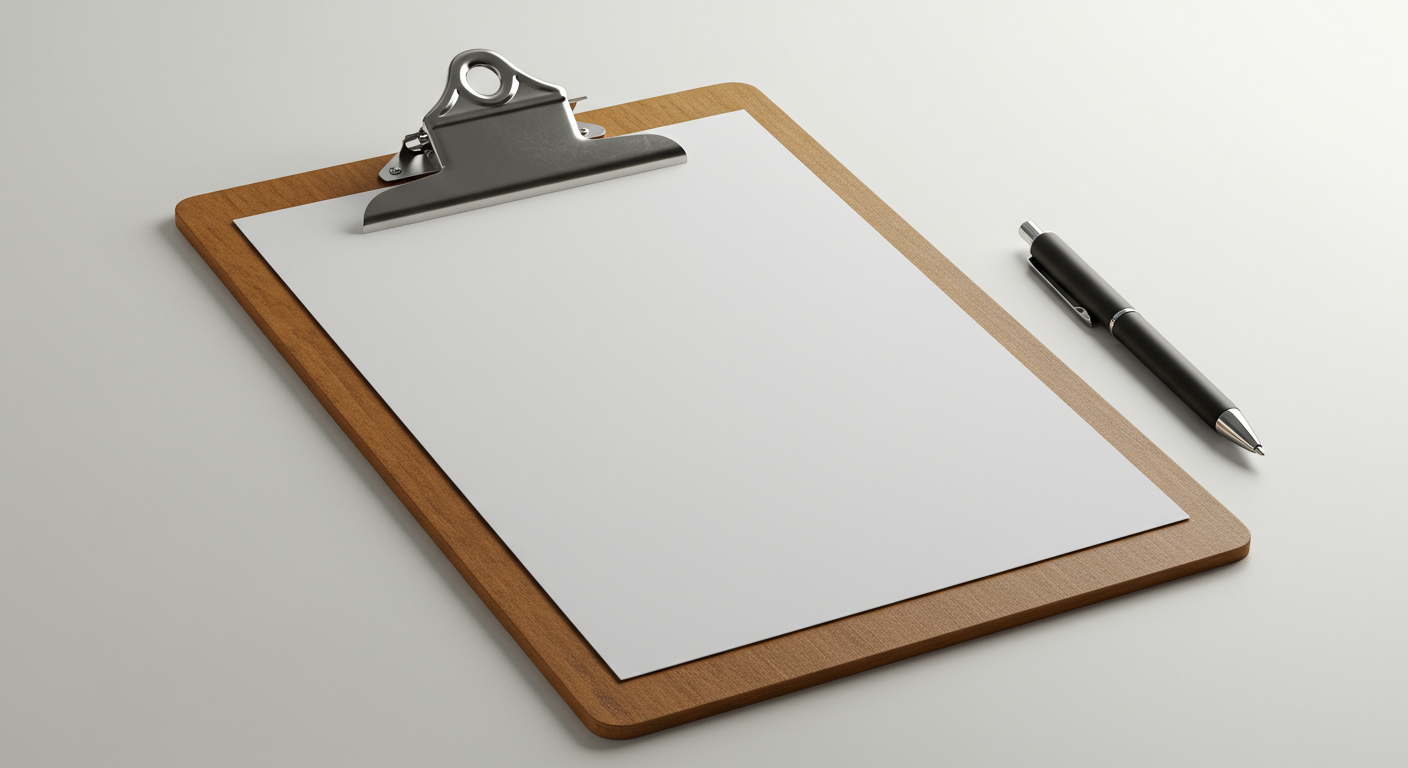A blank sheet of paper secured with a silver clipboard on a wooden board, with a black pen placed next to it on a white surface.