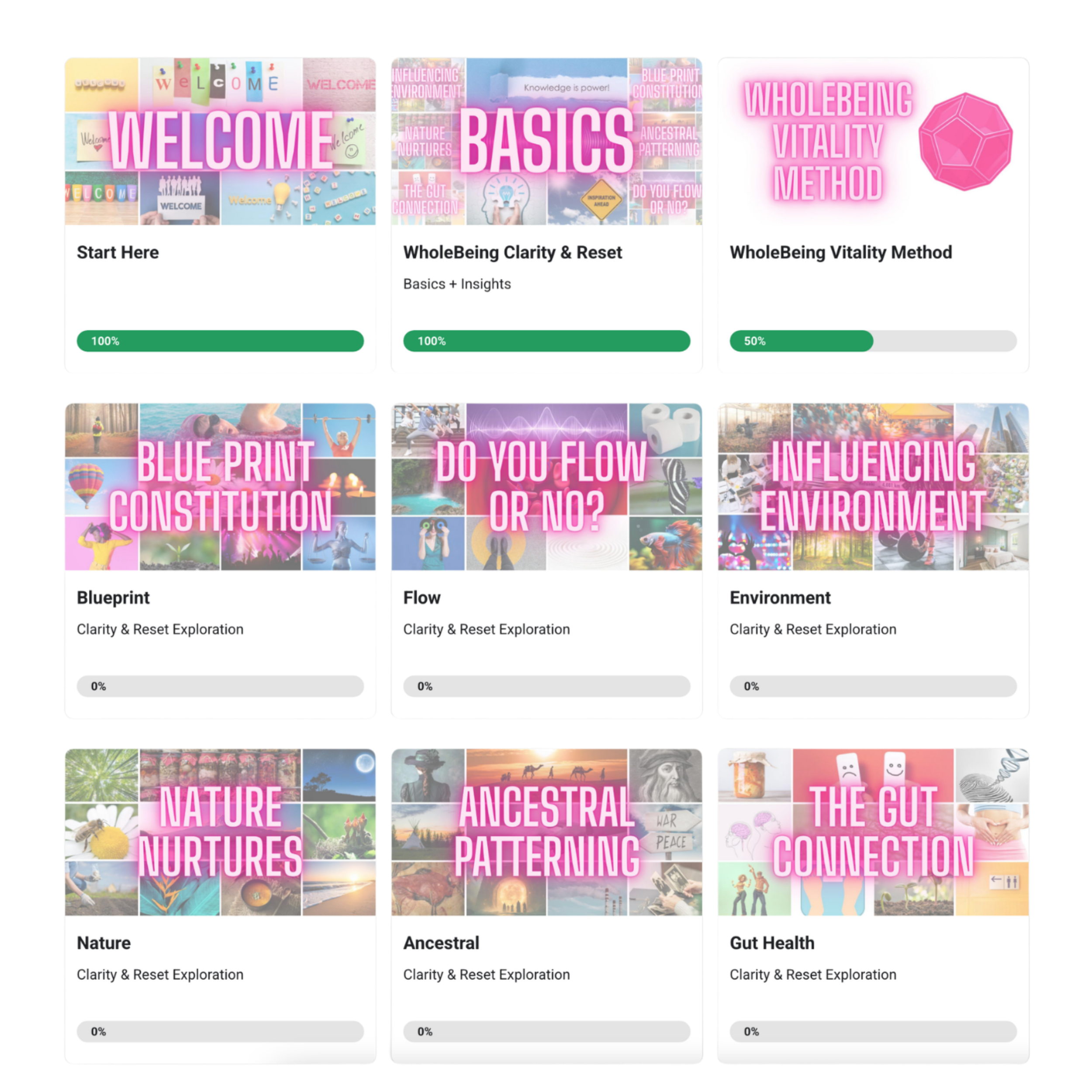 A collection of digital course thumbnails with titles in pink text over various vibrant background images, related to mindfulness, wellness, and personal development topics.