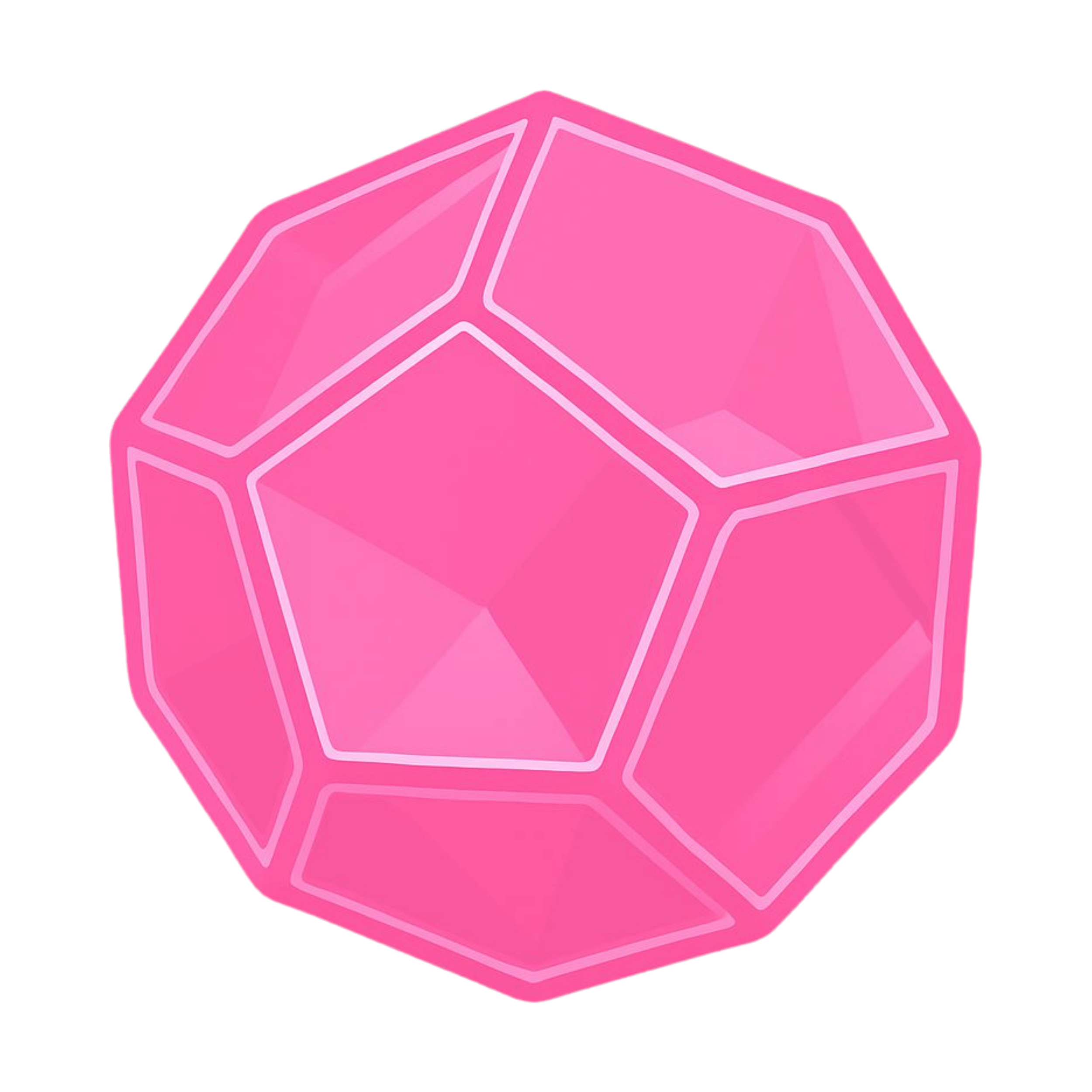 A 3D digital illustration of a pink dodecahedron with 12 facet outline patterns