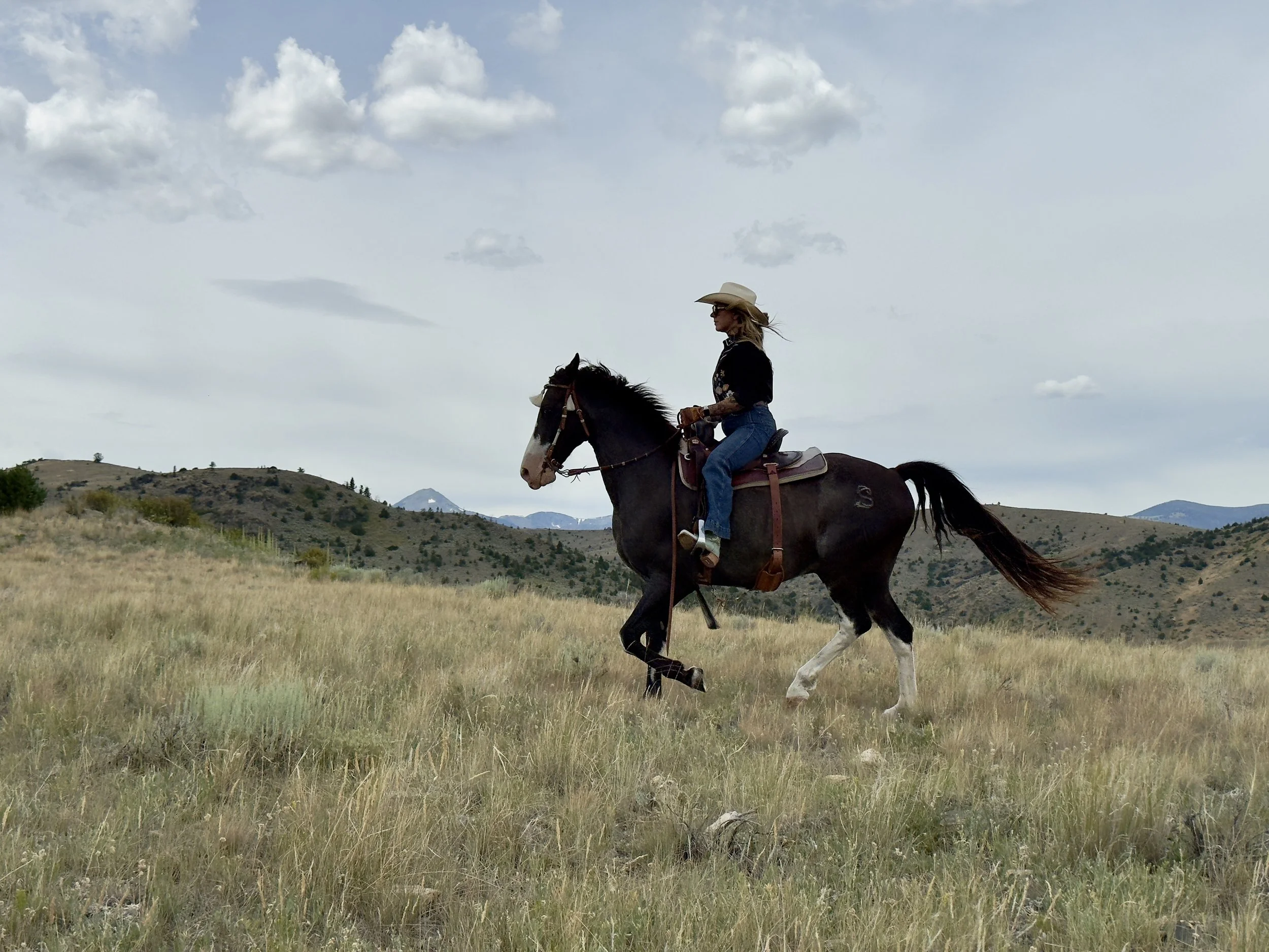 A woman riding a black and white horse across a grassy field with rolling hills and mountains in the background under a partly cloudy sky.