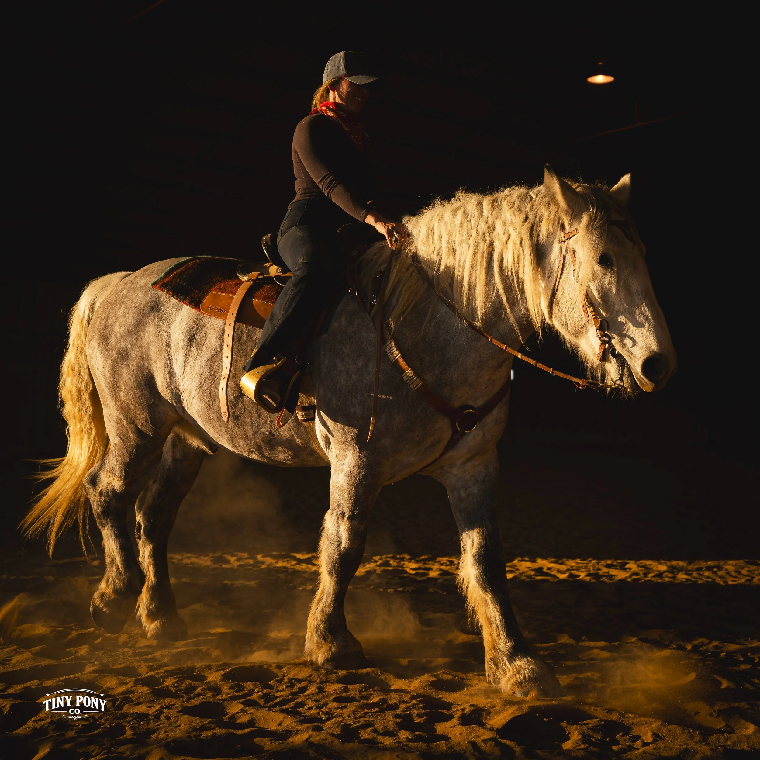 A person riding a light-colored horse in an indoor riding arena with dim lighting.