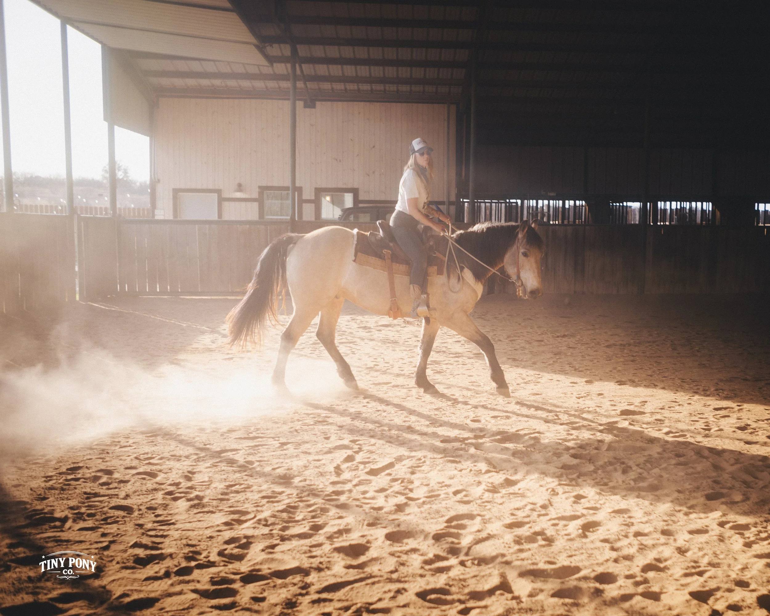 A person riding a horse inside a sandy indoor riding arena with sunlight streaming in.