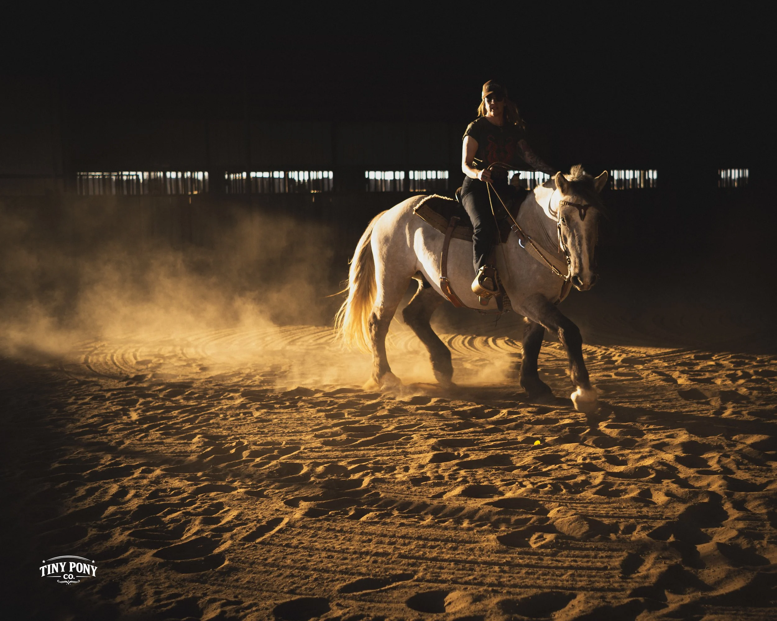 A person riding a horse inside a dark arena, with dust particles illuminated by light from behind, creating a dramatic scene.