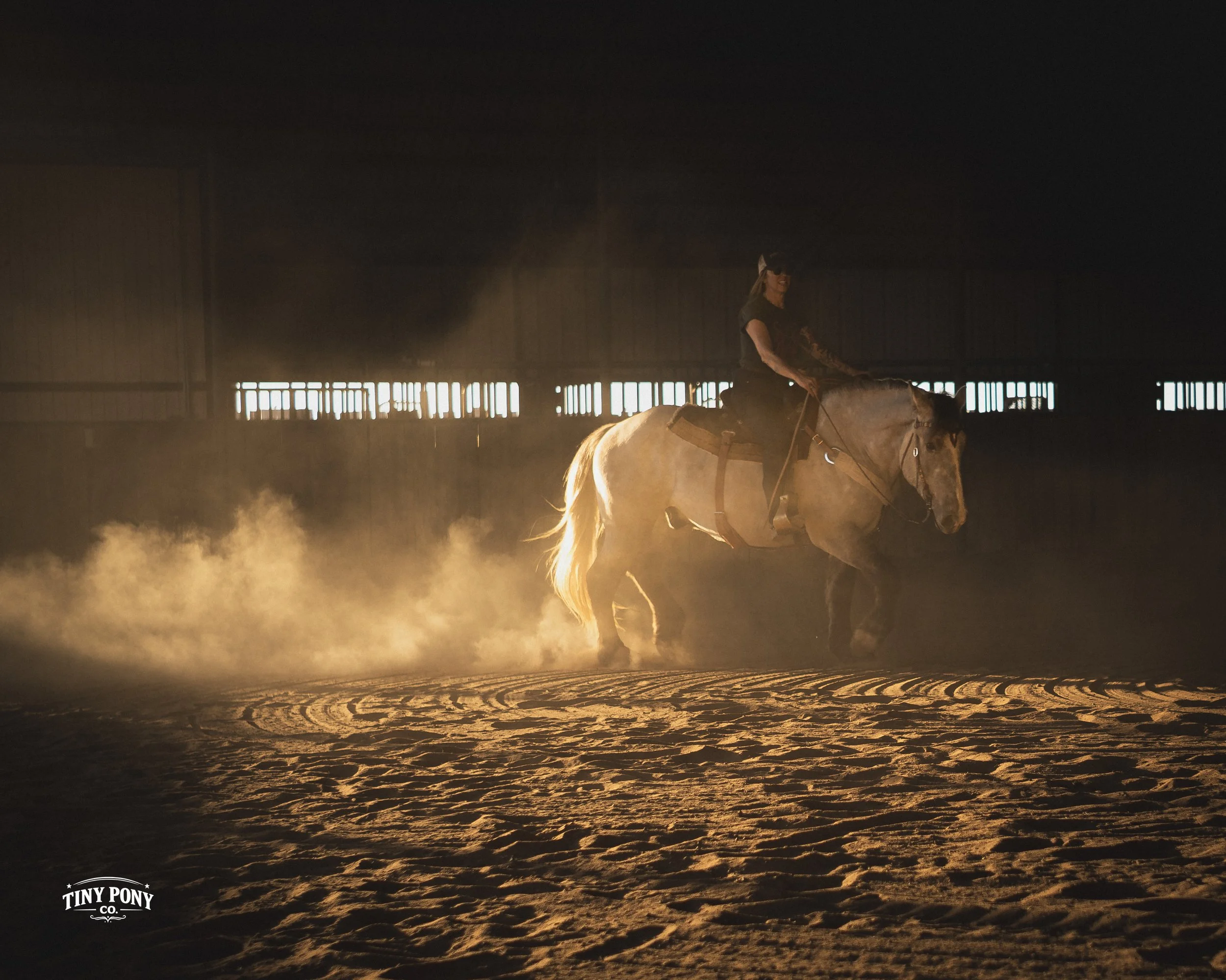 A person riding a horse in an indoor arena with dust clouds around the horse's hooves, illuminated by sunlight coming through windows.